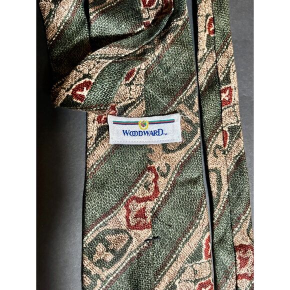 Vintage Woodward Designer Silk Tie – Green Brown Beige Geometric – Made USA - Picture 3 of 5